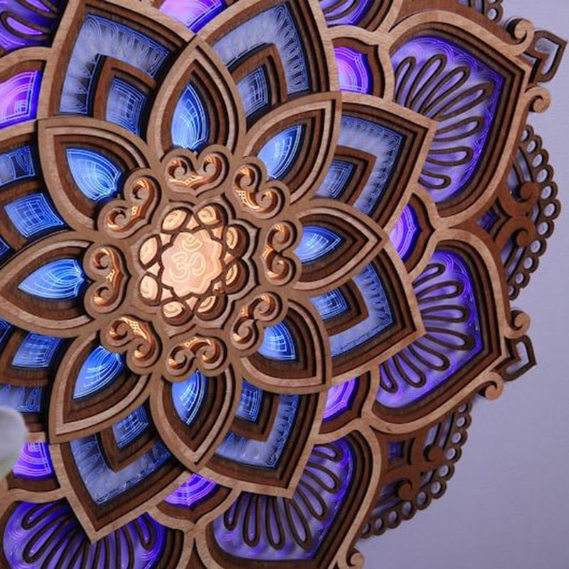 Mandala Lampe til Afslapning – LED Vægdekoration med Dæmpbar Lys, Ø30 cm, Håndlavet Træ, Energi Effektiv Indendørs Lampe-4