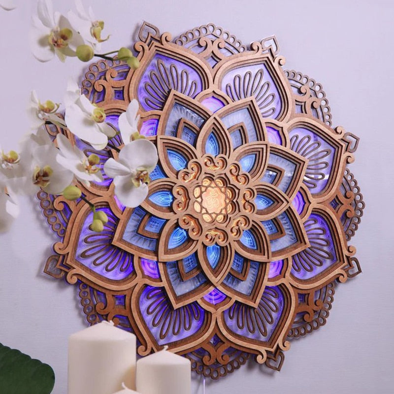 Mandala Lampe til Afslapning – LED Vægdekoration med Dæmpbar Lys, Ø30 cm, Håndlavet Træ, Energi Effektiv Indendørs Lampe-5