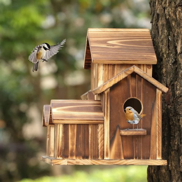 VogelHaven - Håndlavet fuglehus i træ med 6 huller