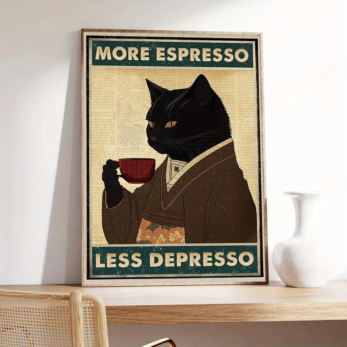 CaffeineBoost - »More Espresso Less Depresso« vægkunst - motiverende plakat med kaffecitat