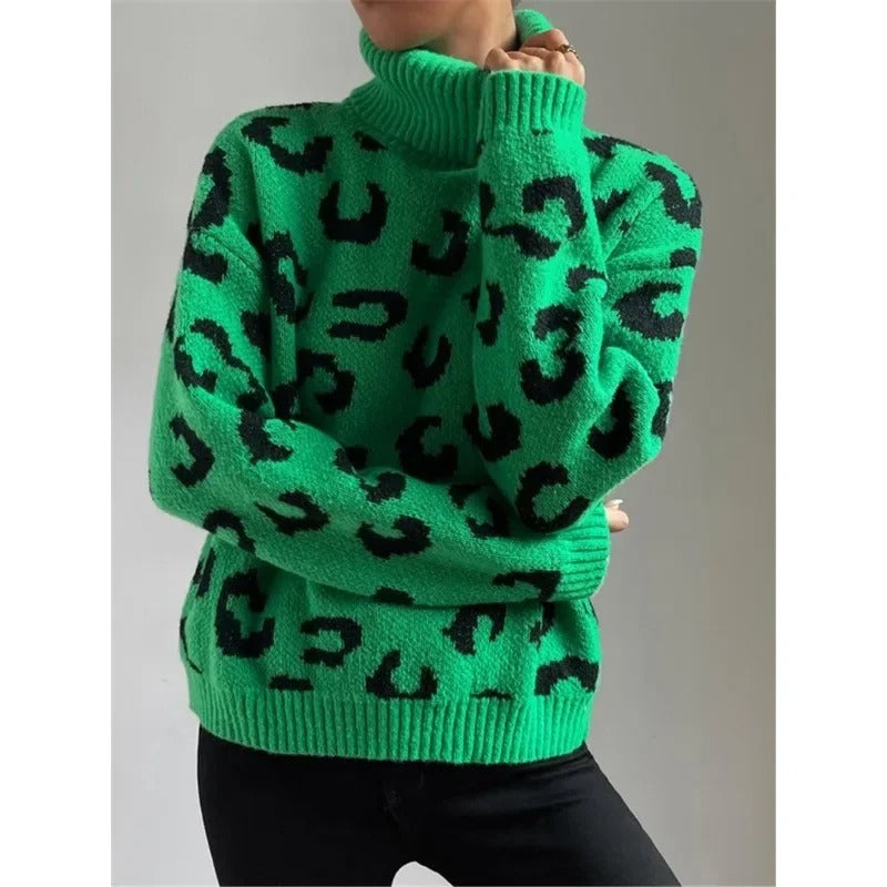 Anneluxe - Casual rullekravetrøje med leopardprint