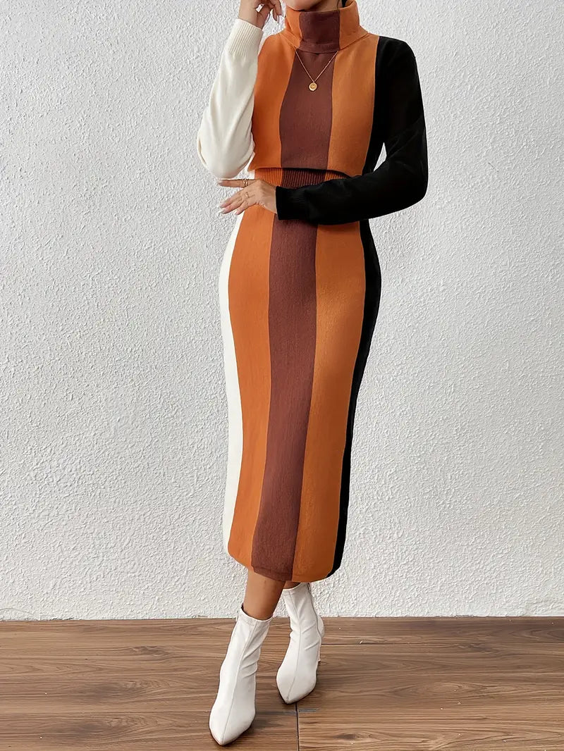Juliana - Strikkjole med rullekrave | langærmet colorblock-vinterkjole