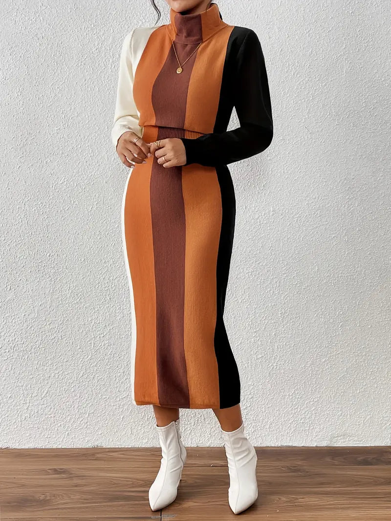 Juliana - Strikkjole med rullekrave | langærmet colorblock-vinterkjole