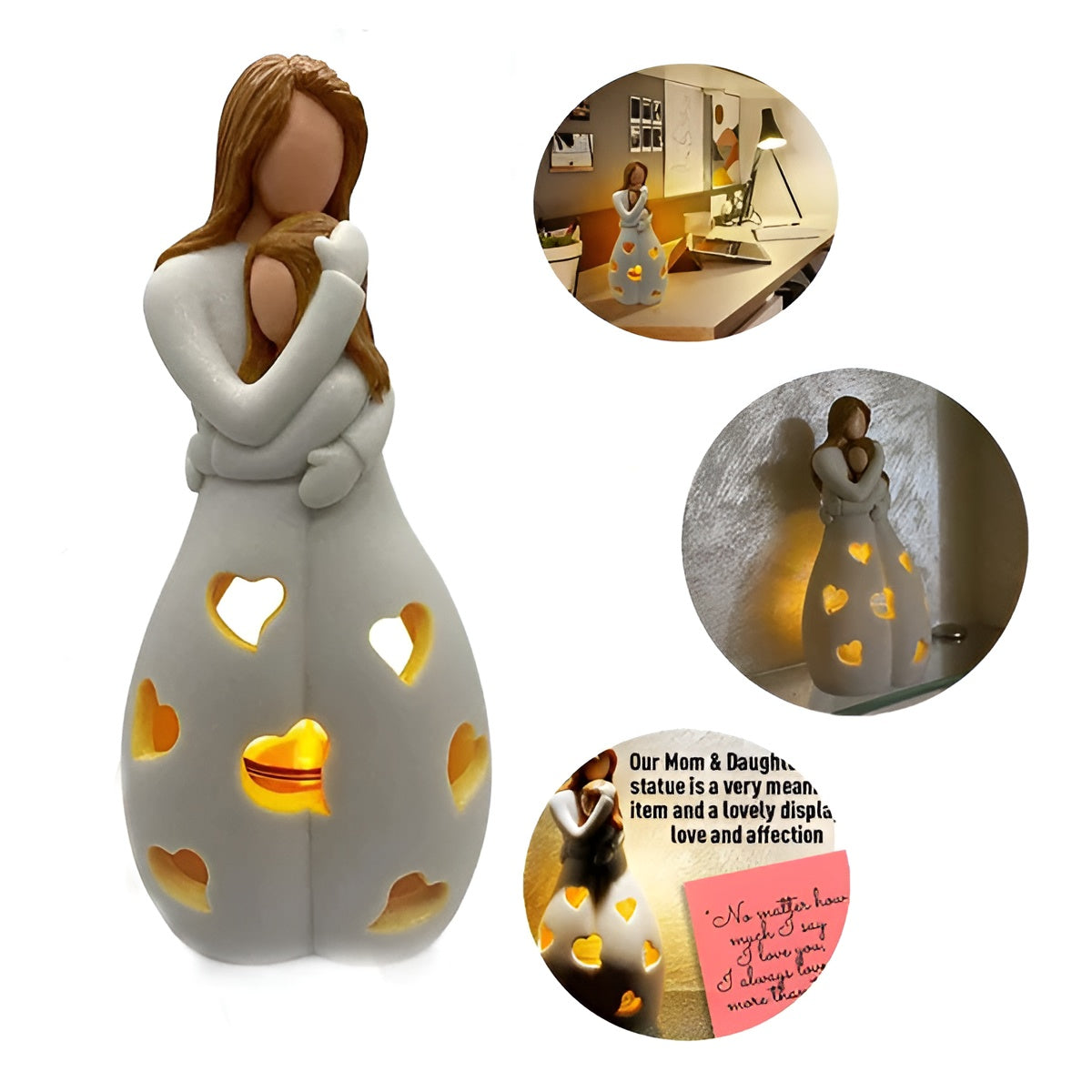Unik Mor-Datter Figur med Kandelaar i Keramik – Hvid med Gyldne Detaljer, 20 cm Høj, Indendørs Dekoration-3