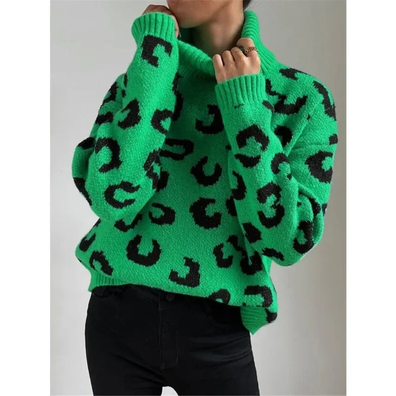 Anneluxe - Casual rullekravetrøje med leopardprint