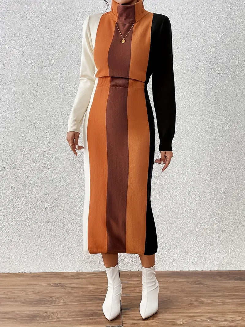 Juliana - Strikkjole med rullekrave | langærmet colorblock-vinterkjole