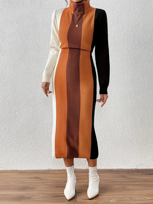 Juliana - Strikkjole med rullekrave | langærmet colorblock-vinterkjole