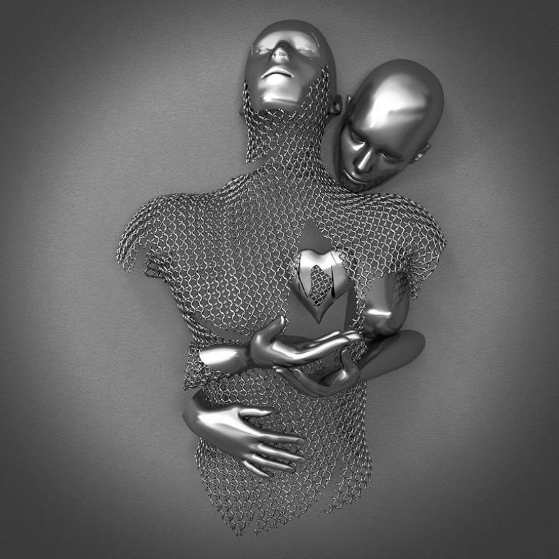 Elegant Vægkunst i Gråtoner med Metal Figur – Romantisk Canvasbillede til Stue og Soveværelse-1