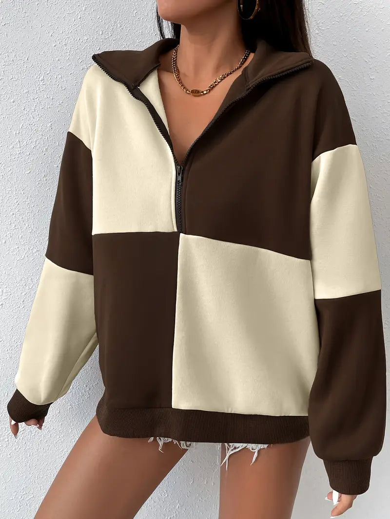 Darla - Sweatshirt med colour block og halv lynlås til kvinder