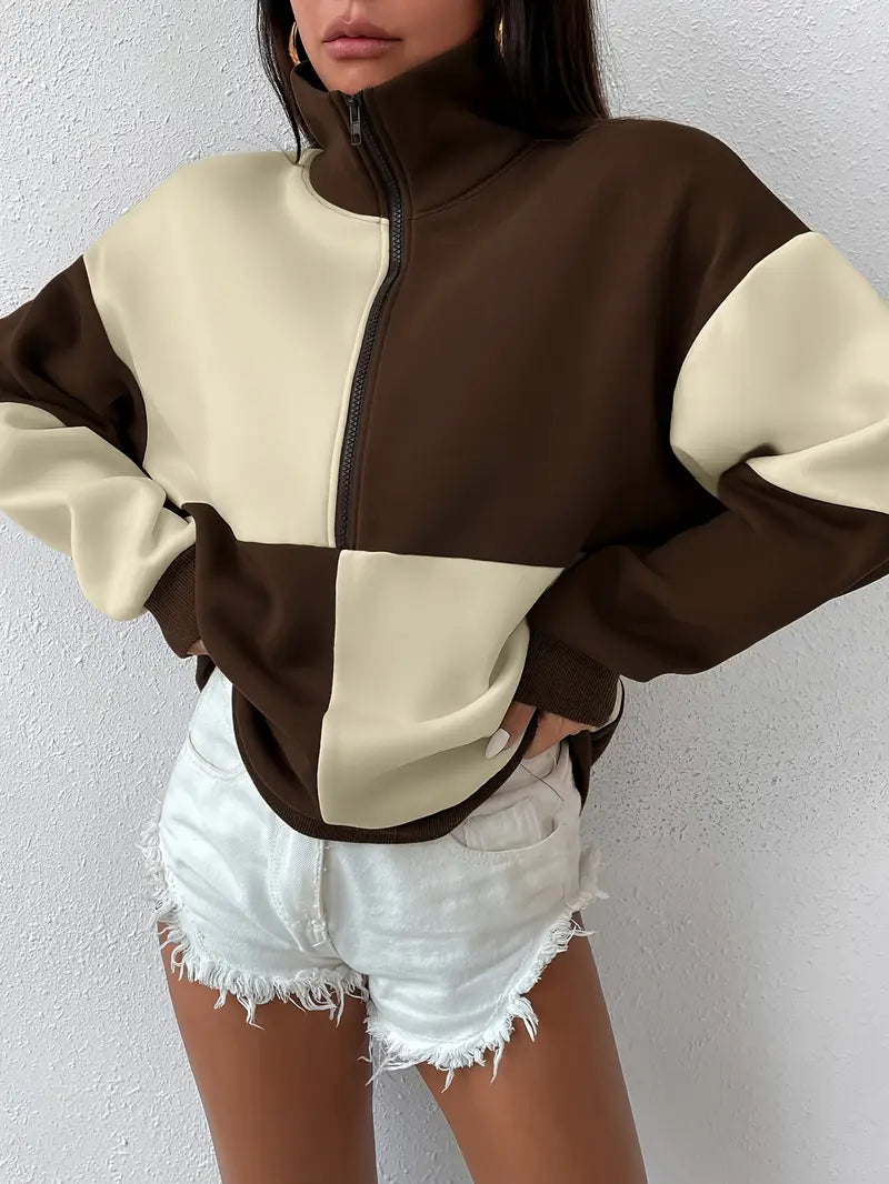 Darla - Sweatshirt med colour block og halv lynlås til kvinder