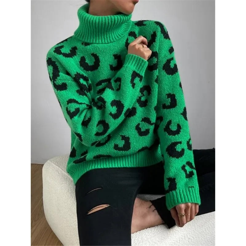 Anneluxe - Casual rullekravetrøje med leopardprint