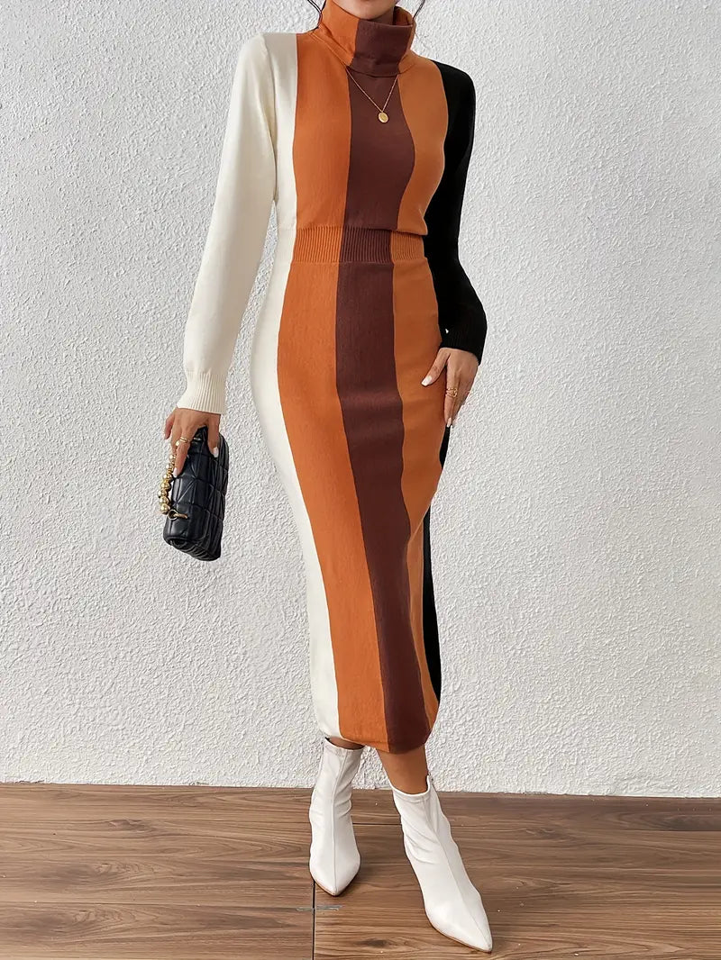 Juliana - Strikkjole med rullekrave | langærmet colorblock-vinterkjole