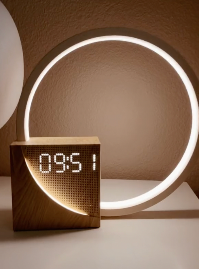 Digital Ur med Solopgangssimulation og Dæmpbar Touch Lampe – Hvid og Træ, Oplader og FM-Radio-4