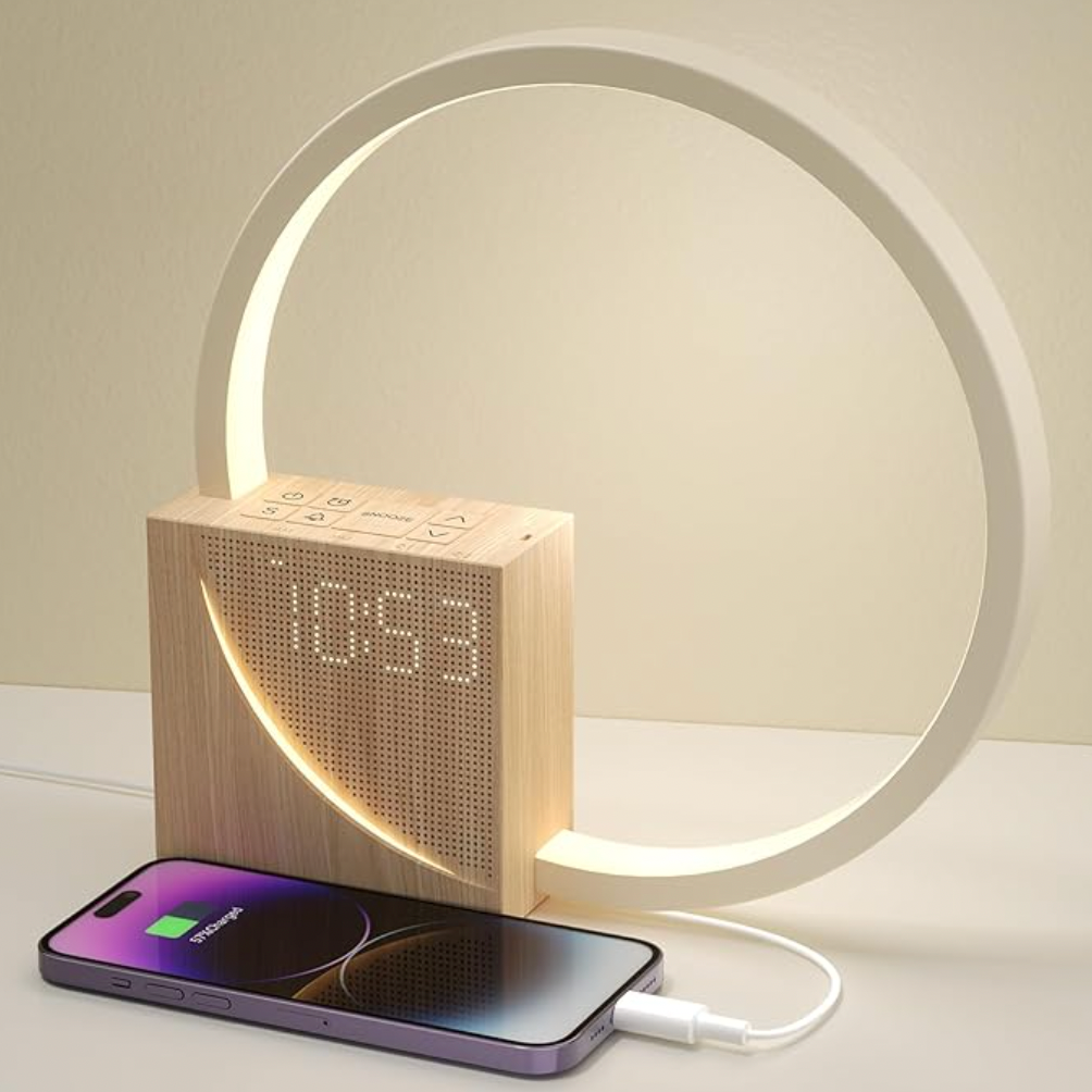 Digital Ur med Solopgangssimulation og Dæmpbar Touch Lampe – Hvid og Træ, Oplader og FM-Radio-5