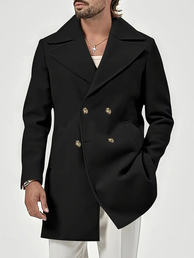 Matteo - Ensfarvet dobbeltradet frakke til mænd med reverskrave - Klassisk dobbeltradet frakke til elegante outfits