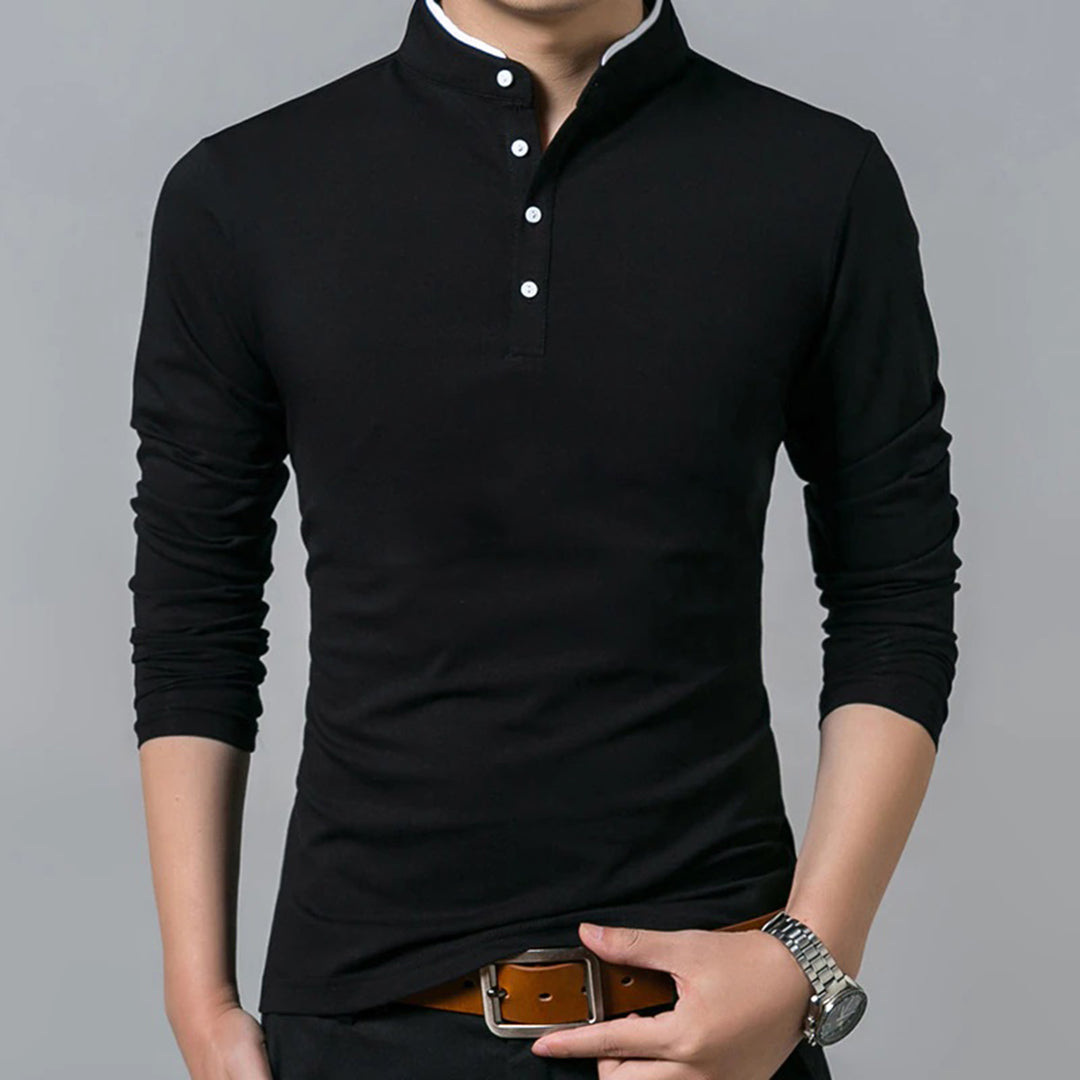 Ethan - Langærmet poloshirt til mænd med mandarinfarvet krave