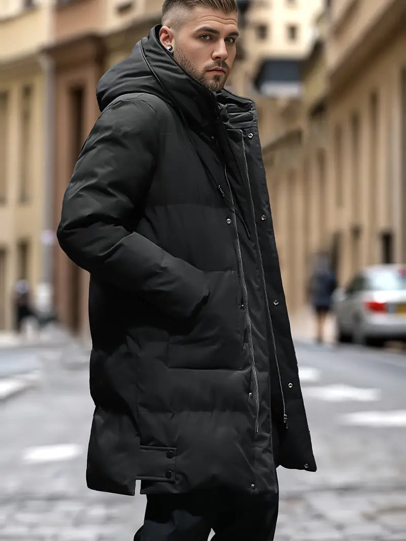 Jace - Pufferfrakke med lynlås og hætte og snøre til mænd | Varm, ensfarvet vinterfrakke