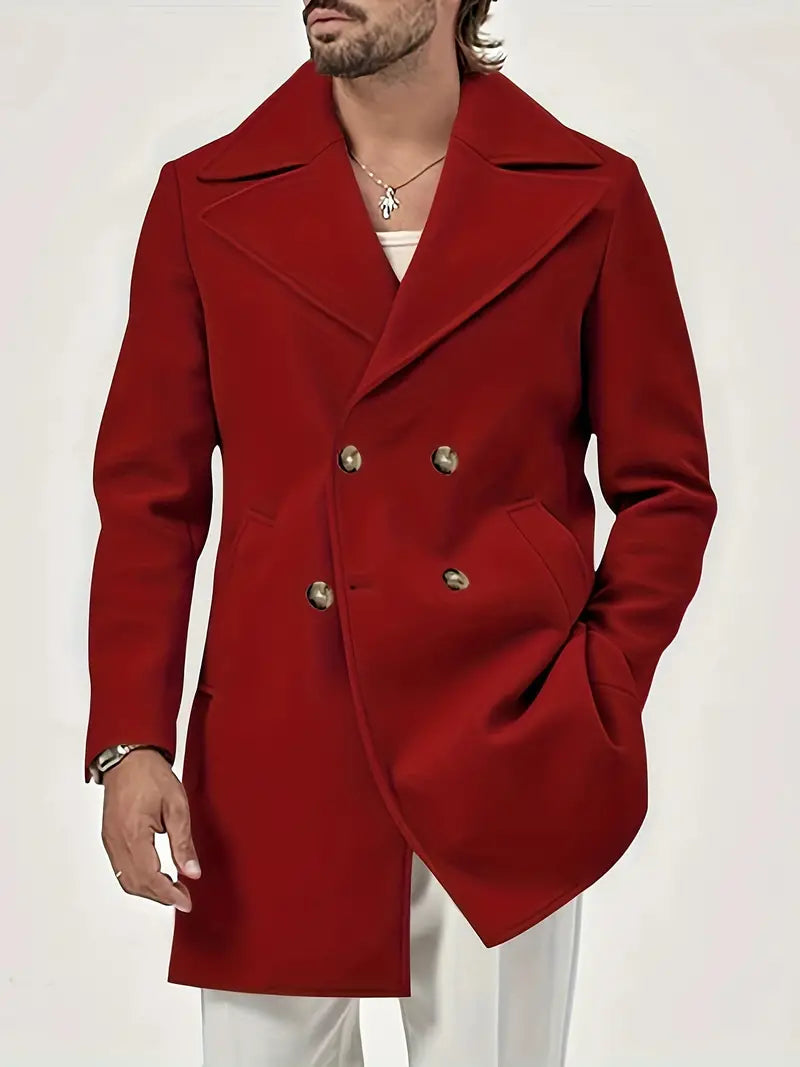 Matteo - Ensfarvet dobbeltradet frakke til mænd med reverskrave - Klassisk dobbeltradet frakke til elegante outfits