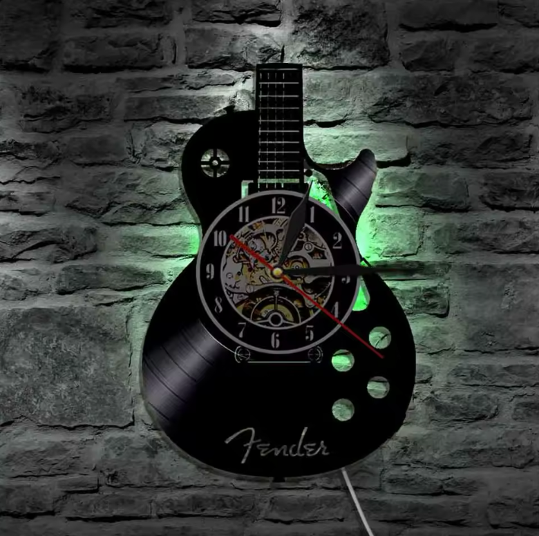 Variant image for Vægur i Unikt Guitar Vinylplade Design – 30 cm Sort med Valgfri LED-Belysning-2