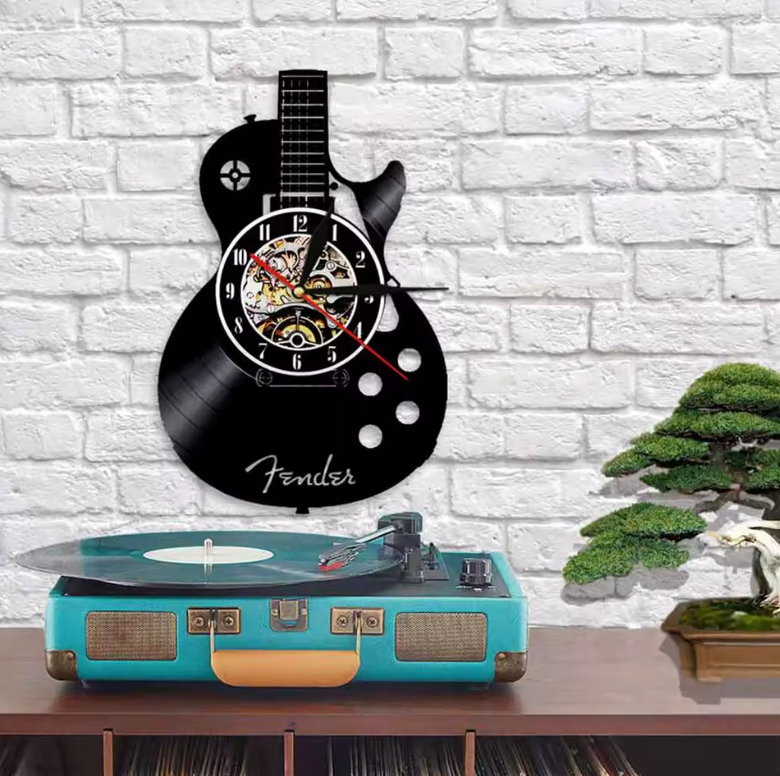 Vægur i Unikt Guitar Vinylplade Design – 30 cm Sort med Valgfri LED-Belysning-2