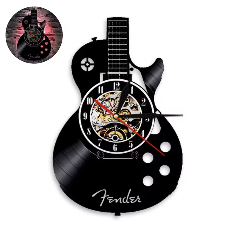 Vægur i Unikt Guitar Vinylplade Design – 30 cm Sort med Valgfri LED-Belysning-4