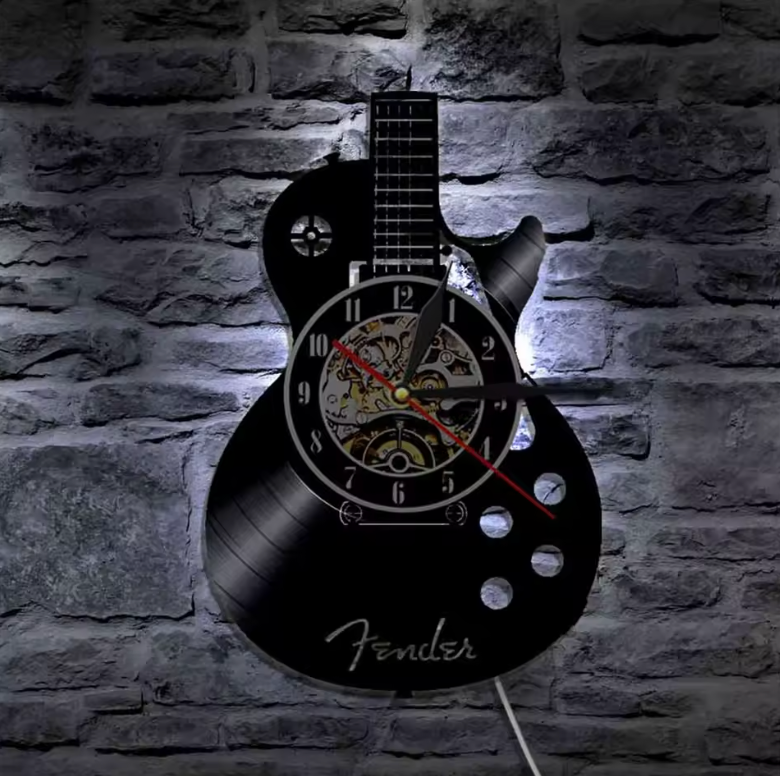 Vægur i Unikt Guitar Vinylplade Design – 30 cm Sort med Valgfri LED-Belysning-3