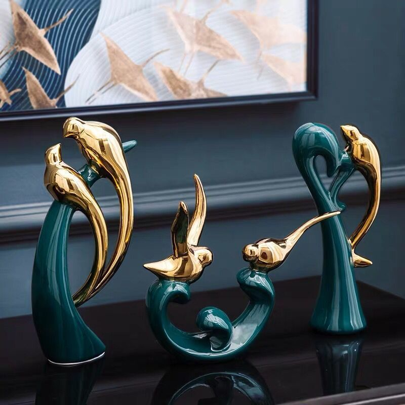 Keramiske Love Birds i Guld og Smaragdgrøn – Håndlavet Moderne Kunst Dekoration til Indretning-2