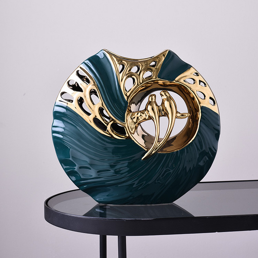 Keramiske Love Birds i Guld og Smaragdgrøn – Håndlavet Moderne Kunst Dekoration til Indretning-1