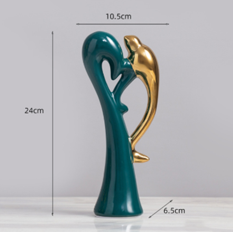 Keramiske Love Birds i Guld og Smaragdgrøn – Håndlavet Moderne Kunst Dekoration til Indretning-3