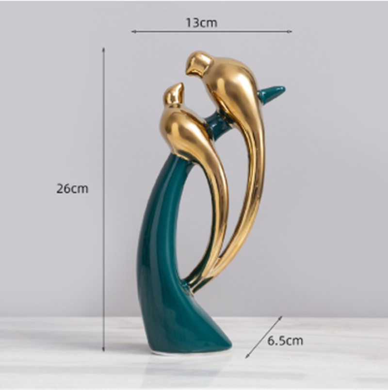 Keramiske Love Birds i Guld og Smaragdgrøn – Håndlavet Moderne Kunst Dekoration til Indretning-4