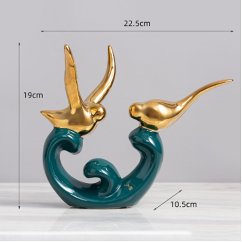 Keramiske Love Birds i Guld og Smaragdgrøn – Håndlavet Moderne Kunst Dekoration til Indretning-5