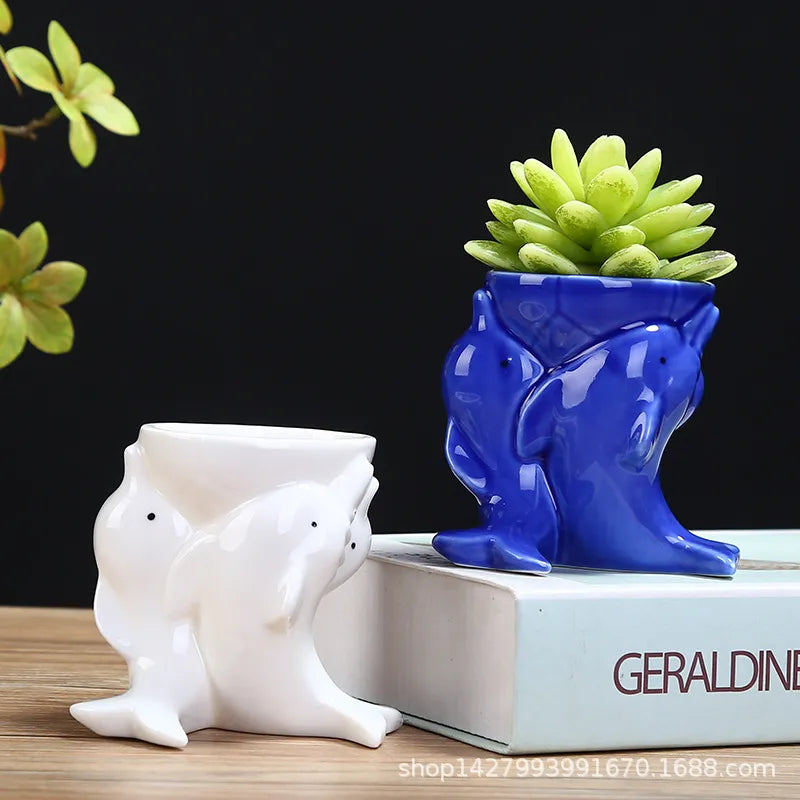 Dolfijn Keramisk Blomsterkrukke – Unikt Design, 9,5 cm x 8 cm til Indendørs og Udendørs Brug-4