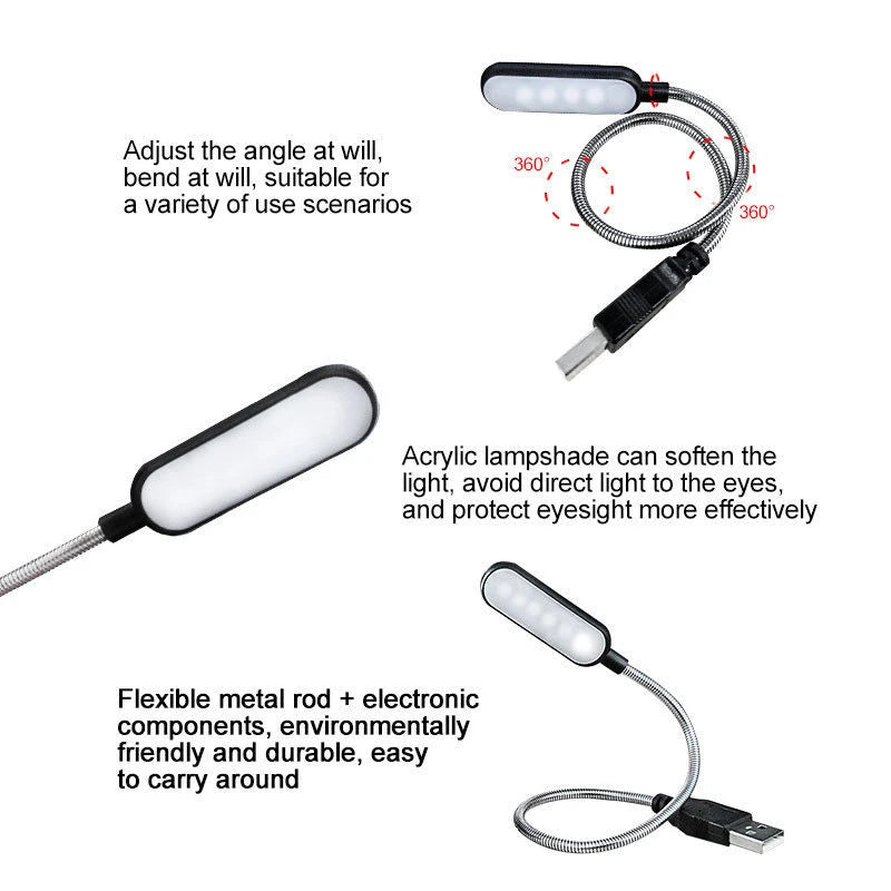Mini USB LED Boglampe | 4 LED Pærer | Øjenbeskyttelse & Bærbar Natlampe