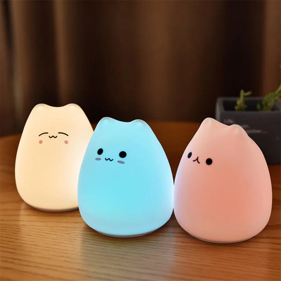 Sød Kat Natlampe – Blød Silikone, 7 Farver & Touch Sensor