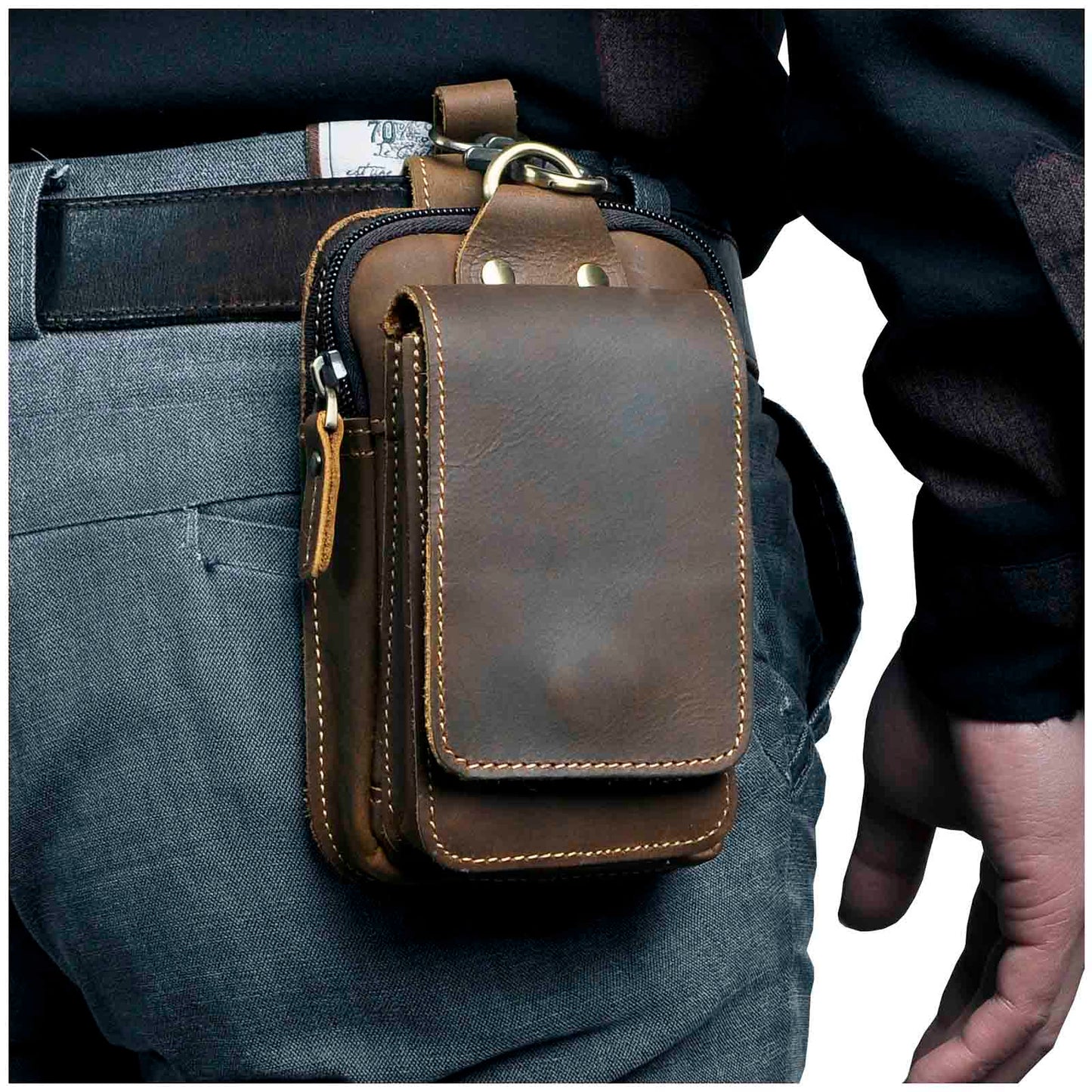 Bæltetaske Mænd i Ægte Læder – Praktisk Vintage Brun Waist Bag med Justerbar Taljebånd til Rejser og Hverdag-1