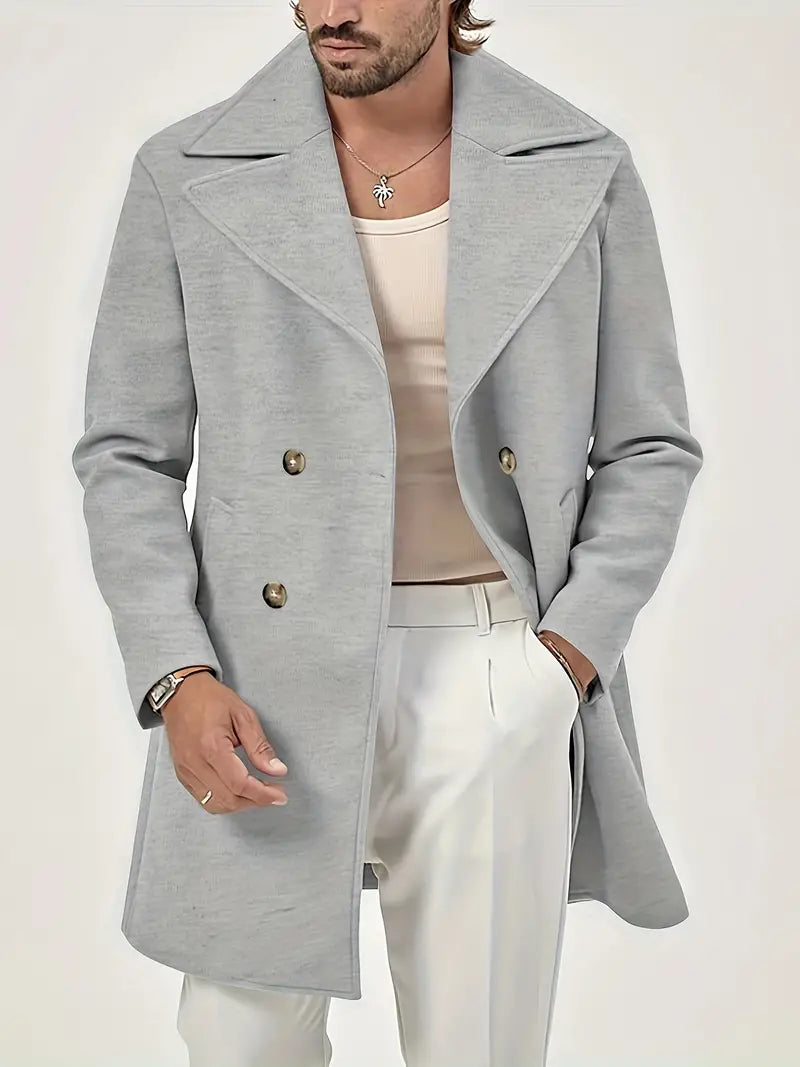 Matteo - Ensfarvet dobbeltradet frakke til mænd med reverskrave - Klassisk dobbeltradet frakke til elegante outfits