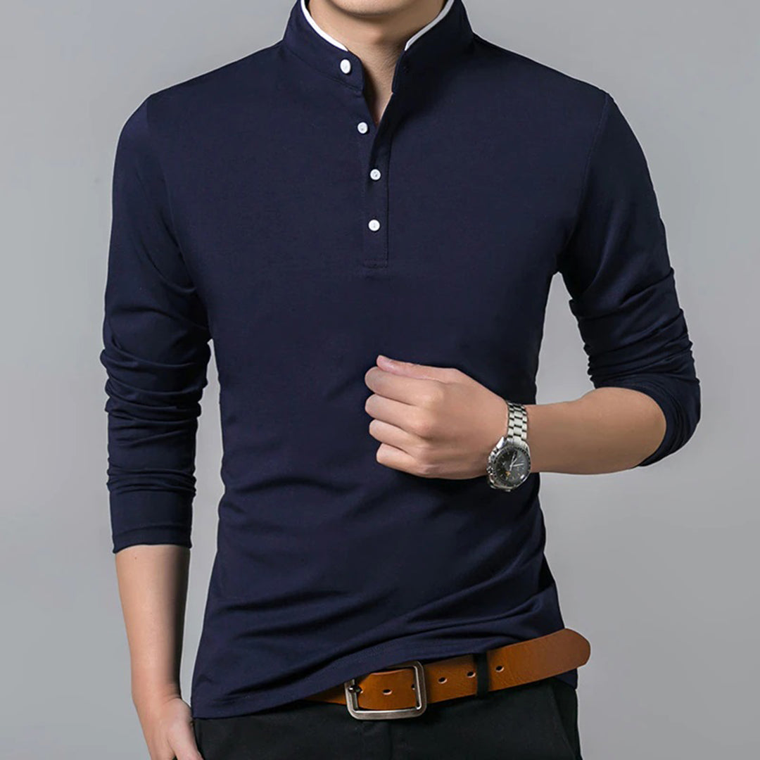 Ethan - Langærmet poloshirt til mænd med mandarinfarvet krave