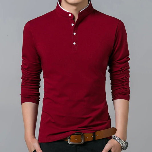 Ethan - Langærmet poloshirt til mænd med mandarinfarvet krave
