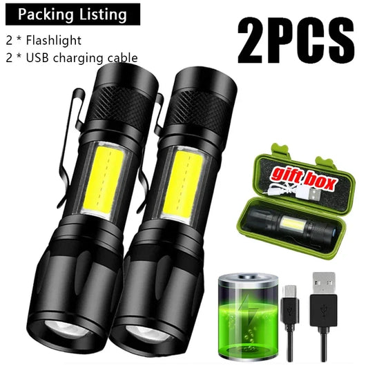 Mini LED Lommelygte | COB + XPE | 1000 LM | USB Genopladelig | Zoom & Penclip | Taktisk Outdoor Lys