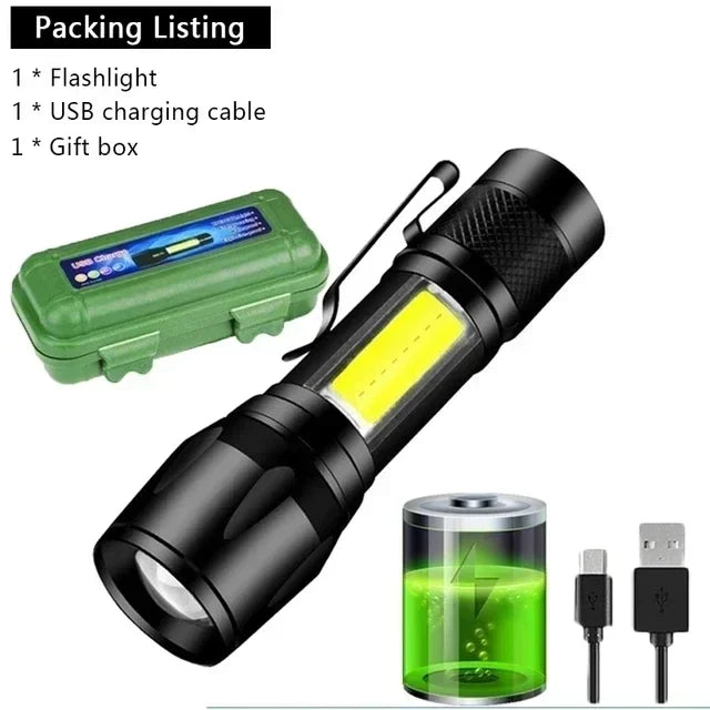 Mini LED Lommelygte | COB + XPE | 1000 LM | USB Genopladelig | Zoom & Penclip | Taktisk Outdoor Lys