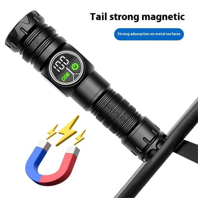 Kraftig LED Lommelygte | USB Genopladelig | Magnetfod & COB Sidelys | Zoom & Vandtæt Taktisk Lampe