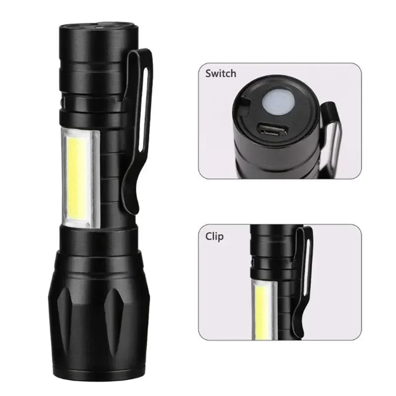 Mini LED Lommelygte | COB + XPE | 1000 LM | USB Genopladelig | Zoom & Penclip | Taktisk Outdoor Lys