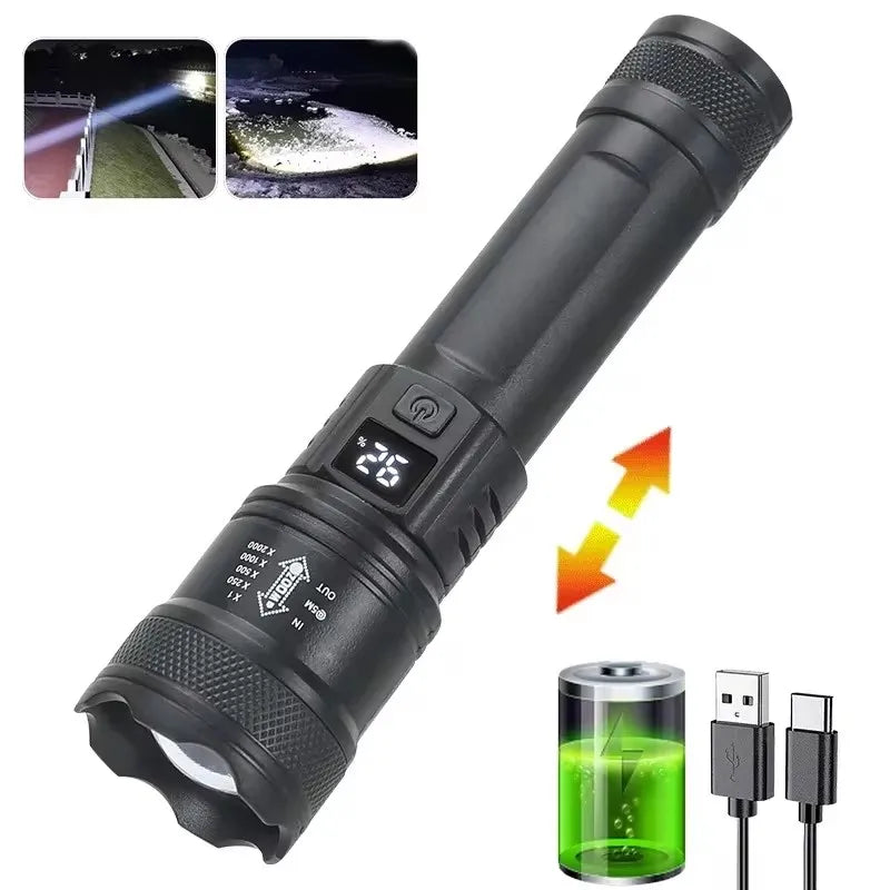 Super Bright LED Lommelygte | 1.600.000 LM | USB Genopladelig | Vandtæt & Lang Rækkevidde | Taktisk Lanterne til Outdoor