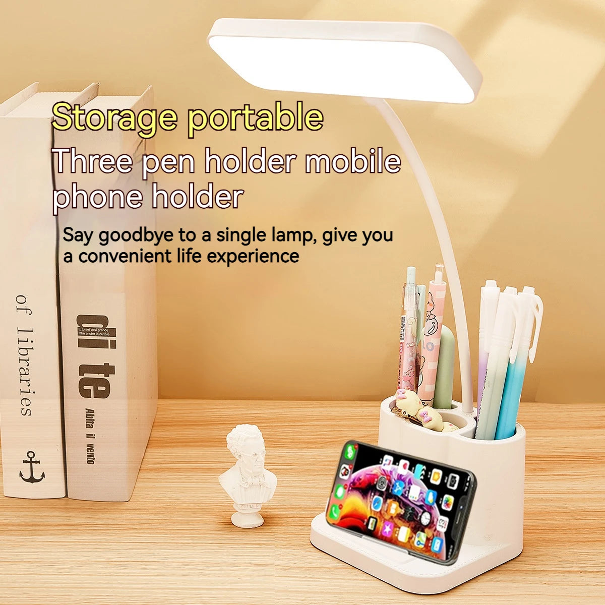 USB LED Bordlampe | 3 Lysfarver | Øjenbeskyttelse & Touch Dæmpning | Multifunktionel Penholder