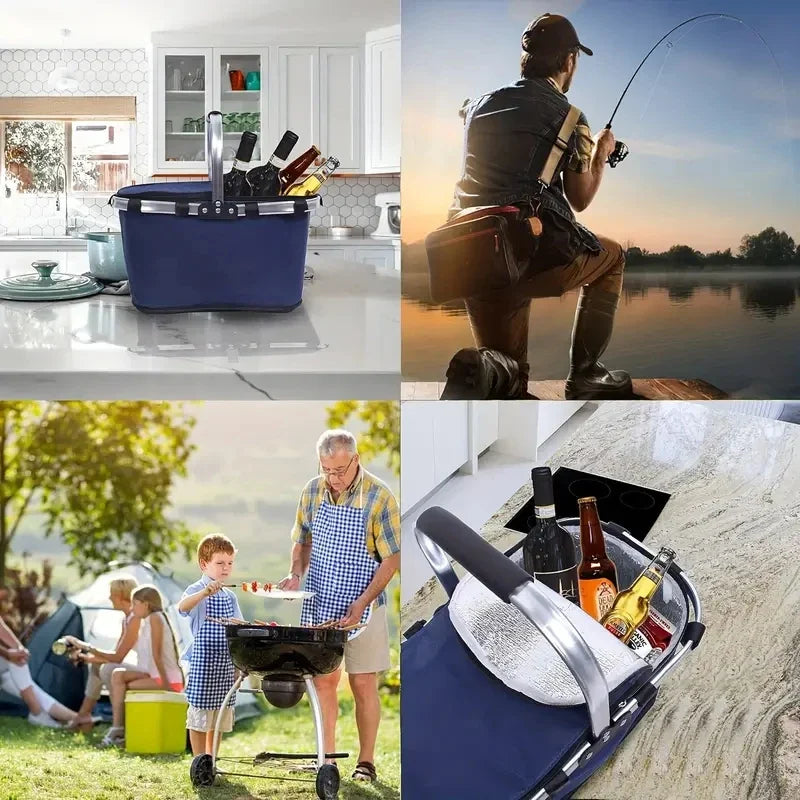 Isoleret Foldbar Picnic Kurv | Med Alufolie & Bærehåndtag | 3-dobbelt Sammenklappelig | Til Rejse, Park & Indkøb