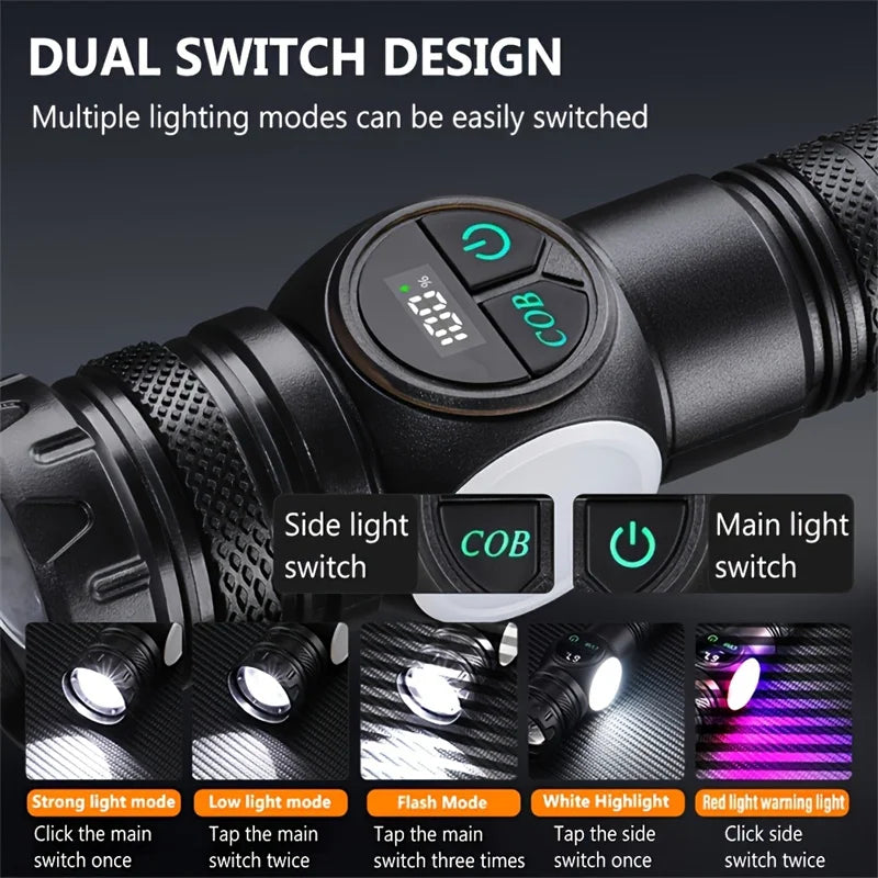 Kraftig LED Lommelygte | USB Genopladelig | Magnetfod & COB Sidelys | Zoom & Vandtæt Taktisk Lampe