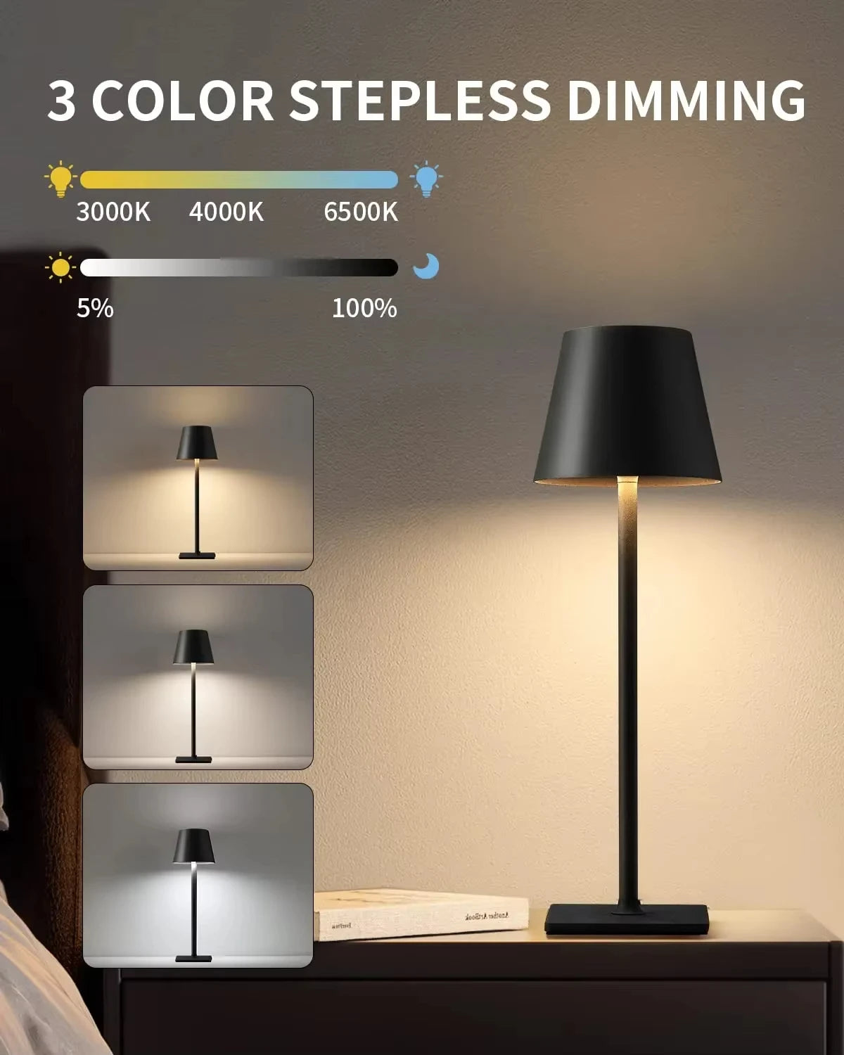 LED Bordlampe m. Touch Sensor | 3 Lysfarver & Dæmpbar | Moderne Nat- & Skrivbordslampe