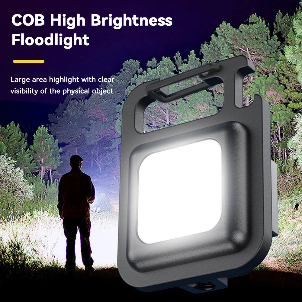 Mini COB Nøgleringslygte | 4 Lysindstillinger | Magnetfod & Stativ | USB Genopladelig Nødlommelygte