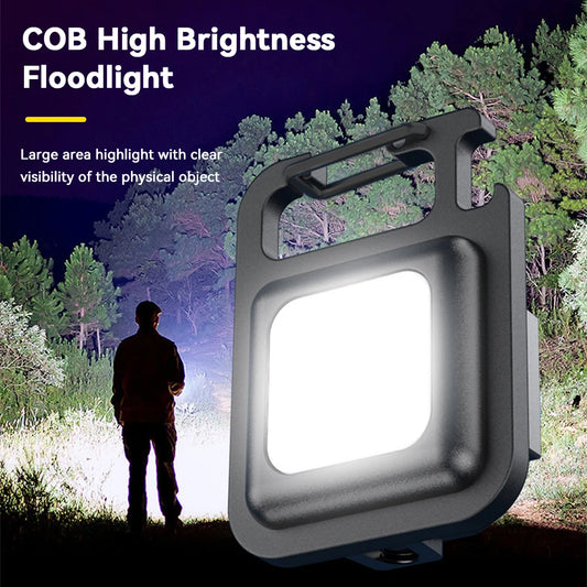 Mini COB Nøgleringslygte | 4 Lysindstillinger | Magnetfod & Stativ | USB Genopladelig Nødlommelygte