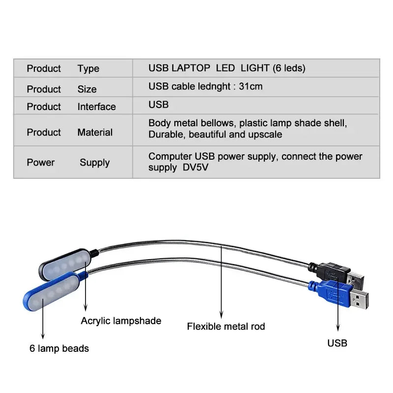 Mini USB LED Boglampe | Fleksibel & Bærbar | 6 LED Lys | Til Laptop & Powerbank
